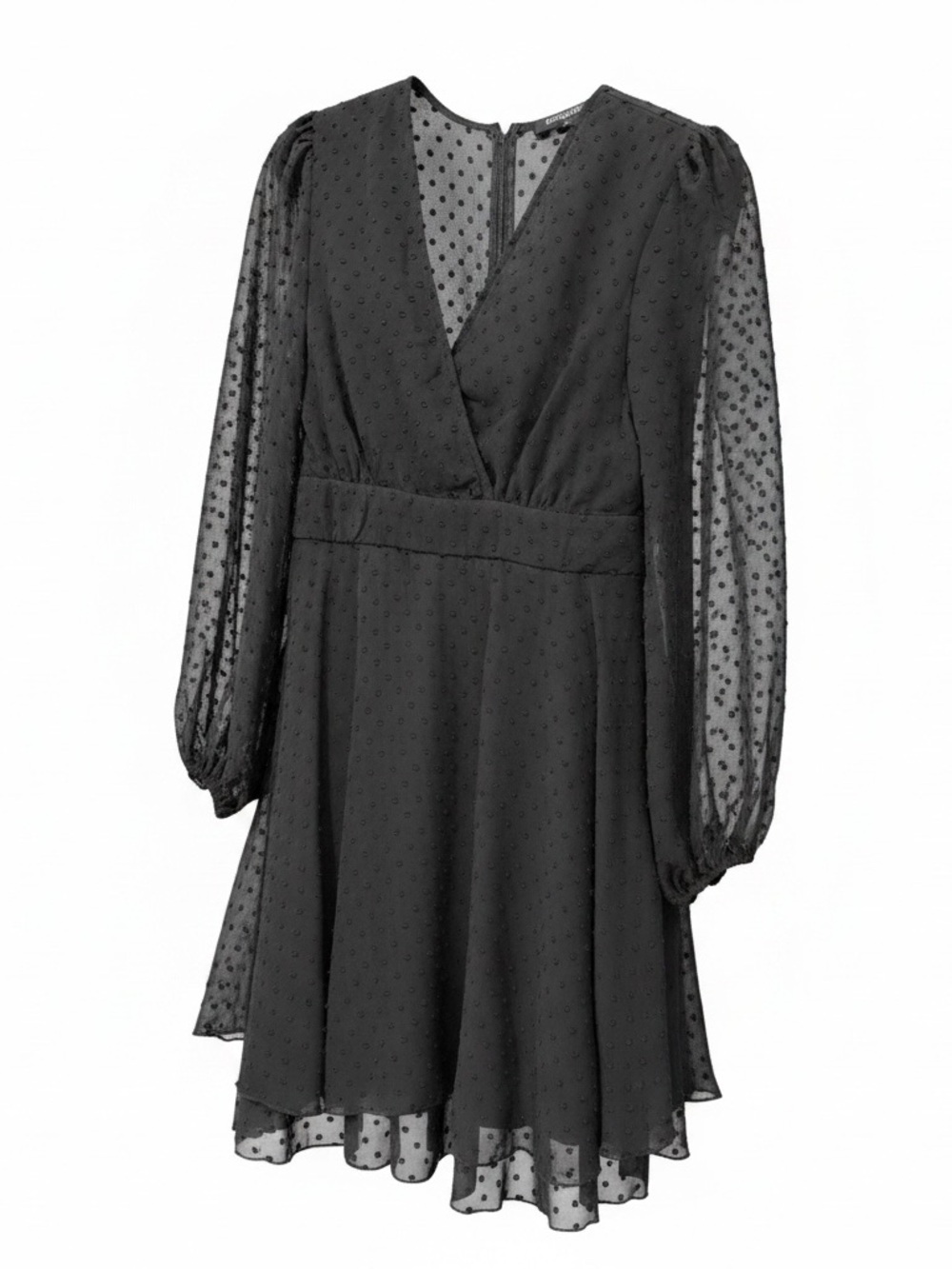 Double Crazy Black Swiss Dot Long Sleeve Mini Dress‎ Size Medium Sheer Sleeve